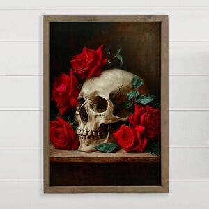 Skull and Red Roses Framed Art Print